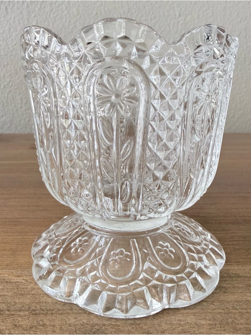 Vintage 70’s Avon Fostoria Daisy & Diamond Point Footed Candy Dish